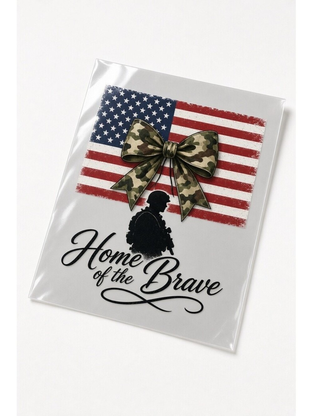 PK4 Home of the Brave DTF Transfer 10in Flag Camo Bow Patriotic Heat Press